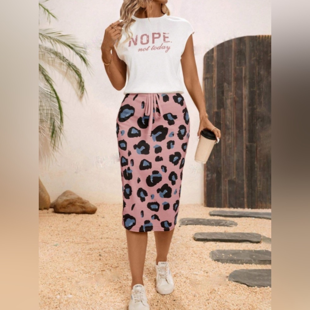 Letter Round Neck Cap Sleeve Top and Leopard Skirt Set